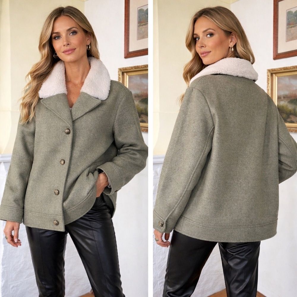 Old Navy Soft Brushed Sherpa Trim Aviator Style Bomber Jacket Moss Green